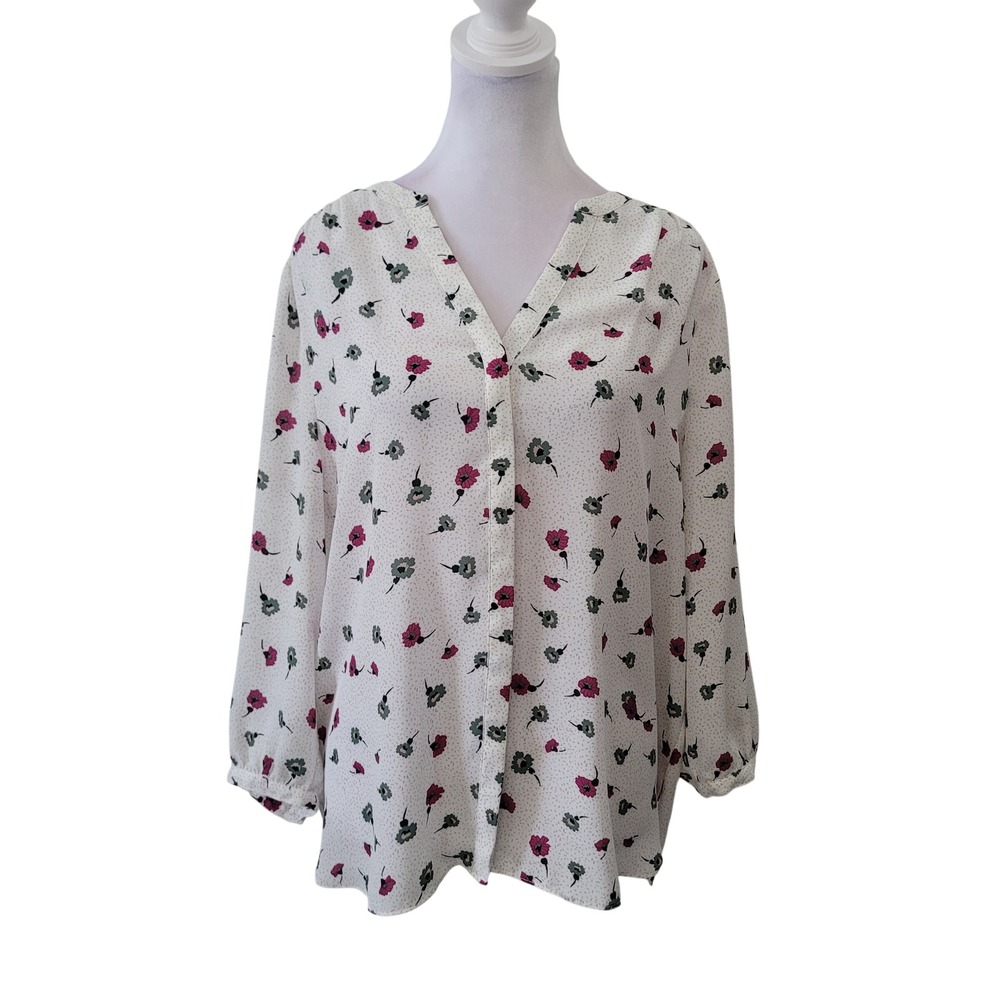 NYDJ Women's Size S Floral Blouse White Pink Split Neck Button‎ Up Pintuck Back